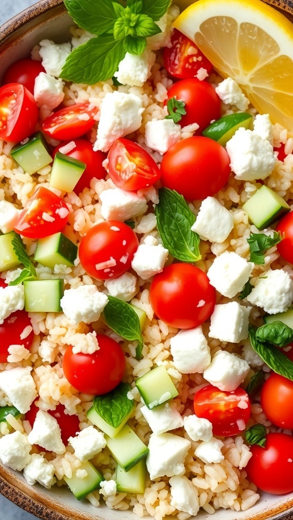 Mediterranean Feta Rice Recipe A bowl of Mediterranean feta rice with cherry tomatoes, cucumbers, and herbs, garnished with feta and a lemon wedge.